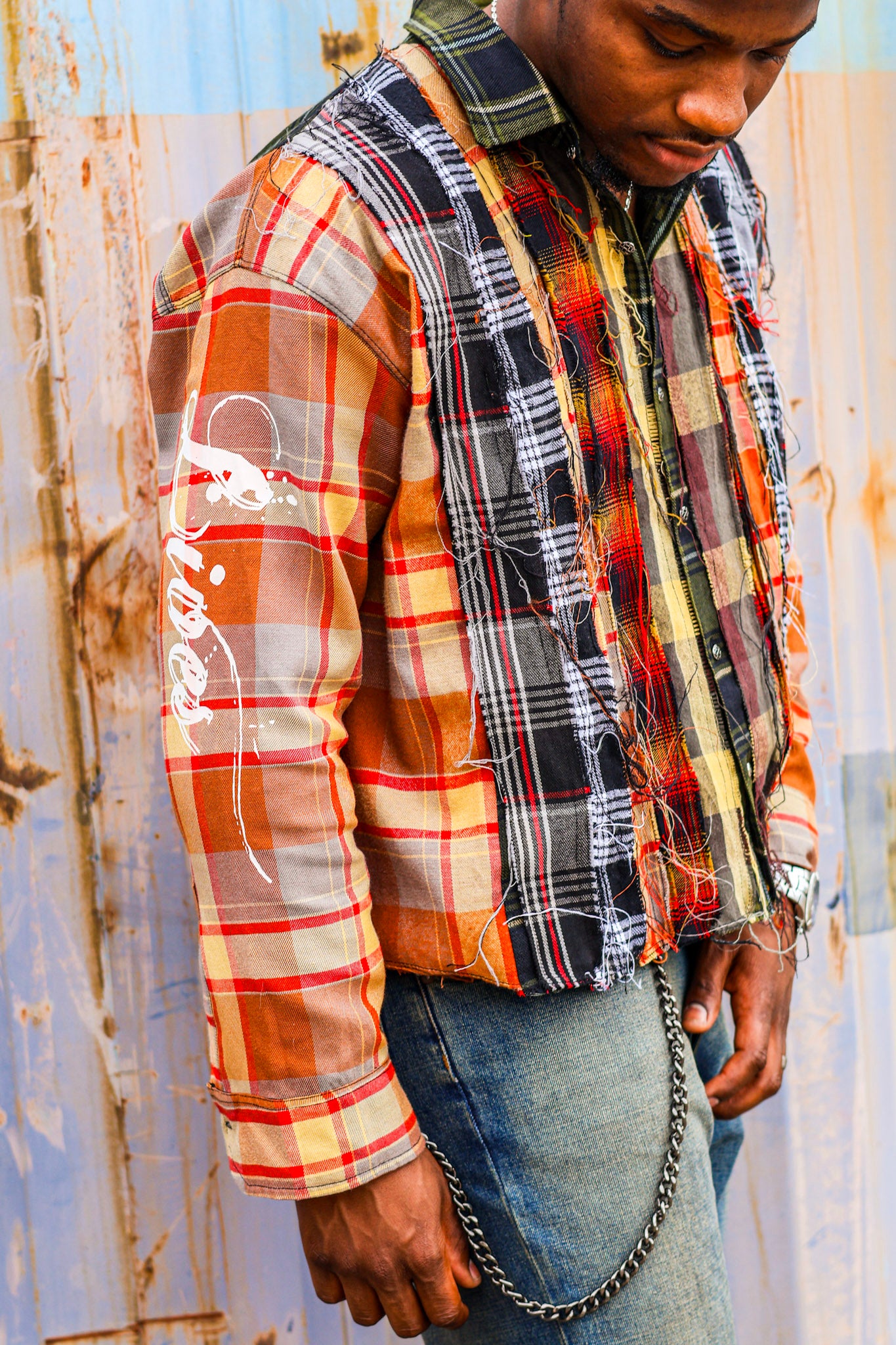 "BORN AGAIN" Cropped Patch Work Flannel
